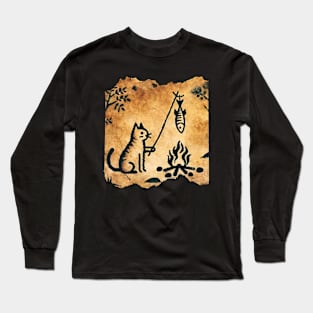 Cave Art Kitten Humor Fish Roasting Art Survival Cat Long Sleeve T-Shirt